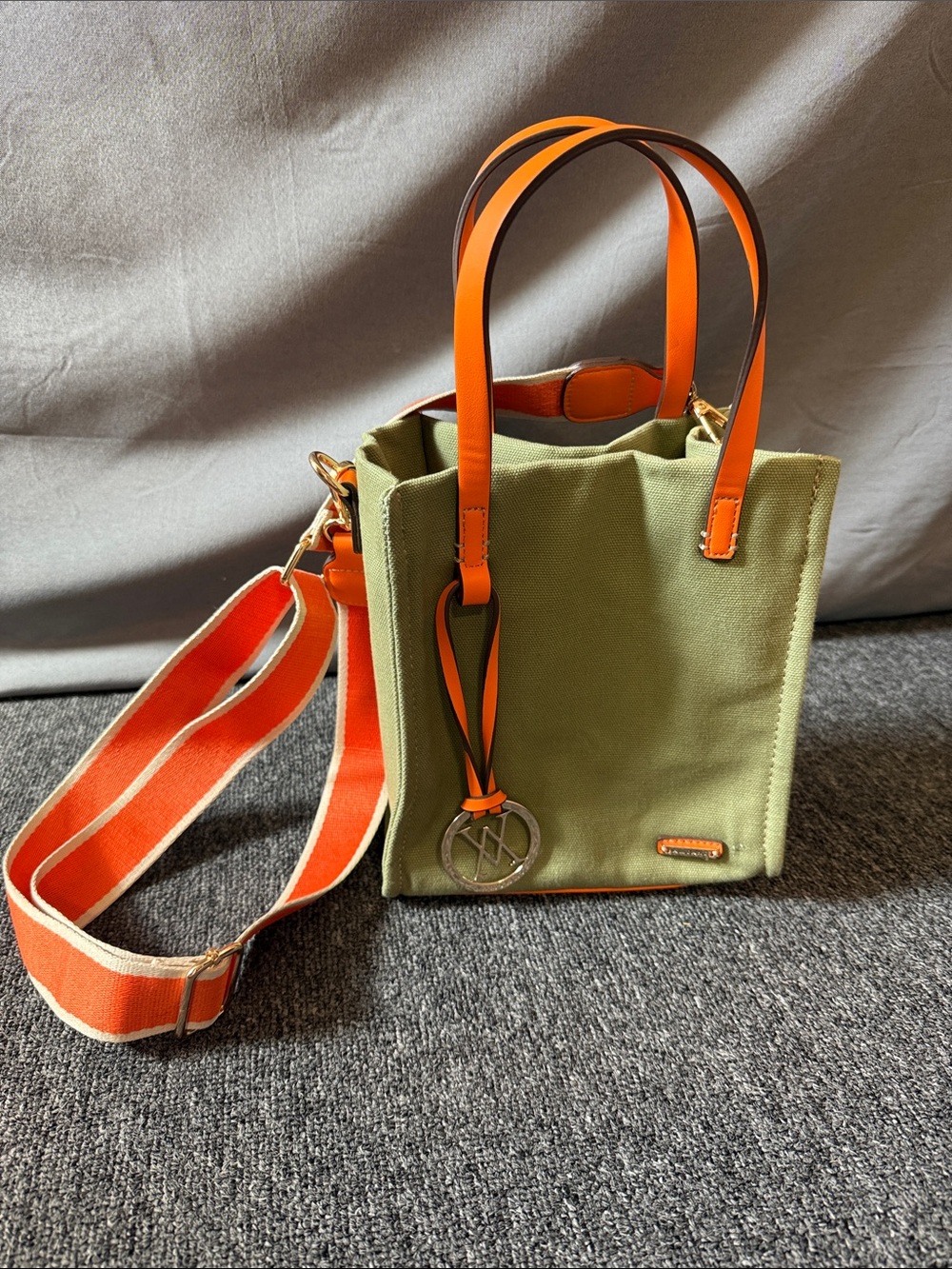 Amiani Mini Canvas Tote Bag in Orange Green gold hardware